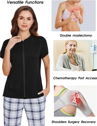 Miniatura 5 de Deyeek Camisas de mastectomía con bolsillos de drenaje Tops post cirugía de hombro para mujeres con puerto de quimio manga corta con cremalleras
