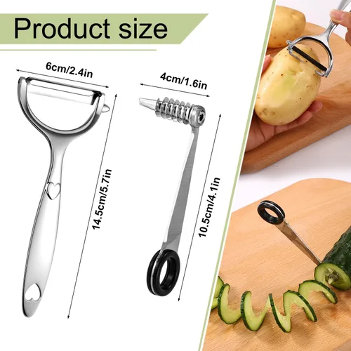 Miniatura 2 de Lyreh 2 cortadores en espiral de verduras y 1 herramienta en forma de V para pelar verduras, herramienta espiralizadora manual de acero inoxidable