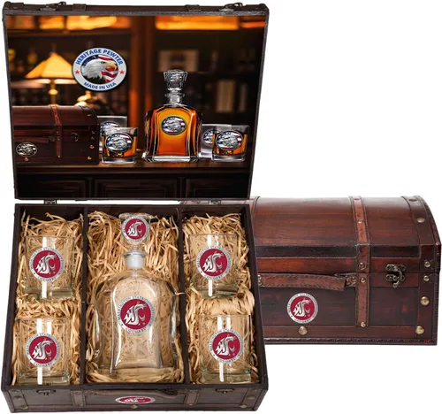 Miniatura 43 de Heritage Pewter Alabama Capitol - Juego de baúl Recipiente de líquido de 24 onzas con 4 vasos de agua Vidrio de peltre elaborado por expertos