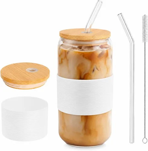 Miniatura 14 de Taza de bambú de vidrio de 16 onzas con tapa y pajita, juego de tazas de café de vidrio de 16 onzas, batido, cerveza, jugo, matcha, vasos estéticos
