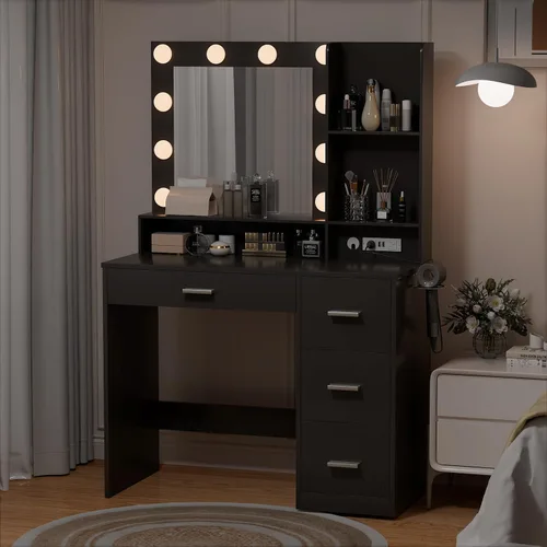 Miniatura 3 de YESHOMY Escritorio de tocador con espejo, toma de corriente y 10 luces, mesa de maquillaje con 4 cajones, 3 modos de color disponibles para Negro