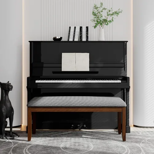 Miniatura 9 de Asiento de banco de comedor, banco de zapatos con cojín de tela de lino, banco de piano con almohadilla antideslizante y pata de madera de goma