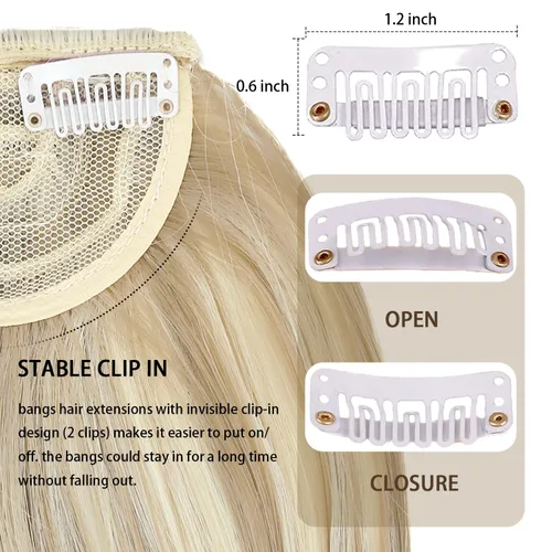 Miniatura 5 de Extensión de cabello rubio ceniza, clip de flequillo francés, grueso y natural, flequillo ordenado, flequillo recto con fleco con sienes, una pieza