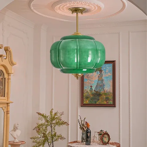 Miniatura 2 de Lámpara de techo de cristal de leche verde, lámpara colgante de calabaza vintage de 15 pulgadas con accesorio de latón antiguo, lámpara colgante