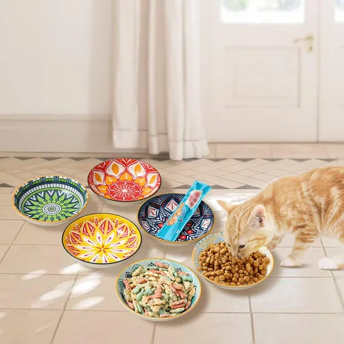 Miniatura 3 de Juego de cuencos de cerámica para gatos de 6 - Lindos cuencos poco profundos y coloridos - 14.6 cm, aptos para bigotes y anchos - Aptos
