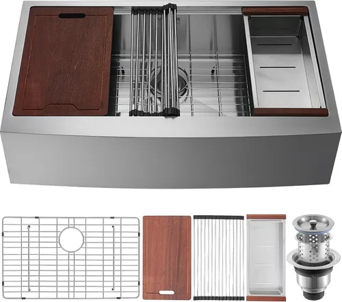 VEVOR Fregadero de Cocina Farmhouse, Fregaderos de Sobreponer de Acero Inoxidable 304, Lavabo Individual de Montaje Superior con Reborde y