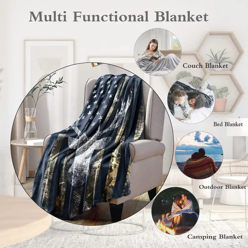Miniatura 6 de Manta de Caza con Bandera de Ciervo Camuflado de EE.UU., Mantas de Regalo para Hombres, Manta Súper Suave, Acogedora y Cálida para Sofá, Silla