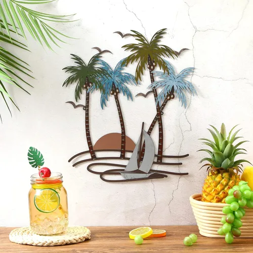 Miniatura 3 de Shimeyao Arte de pared de metal costero, arte de pared de metal con palmera, decoración de playa al aire libre, baño, esculturas de árbol tropical