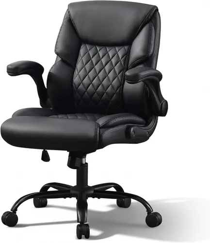Silla de oficina ejecutiva de piel sintética con ruedas, sillas de escritorio pequeñas giratorias de 360° con brazos acolchados, silla ergonómica