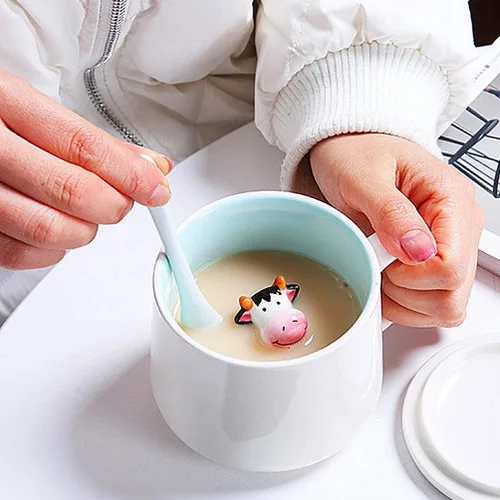 Miniatura 2 de Taza 3D, figura de vaca, taza de té, Día del Padre, Día de la Madre, divertido animal dentro de la taza de leche con cuchara, 12 onzas Vaca+Cuchara