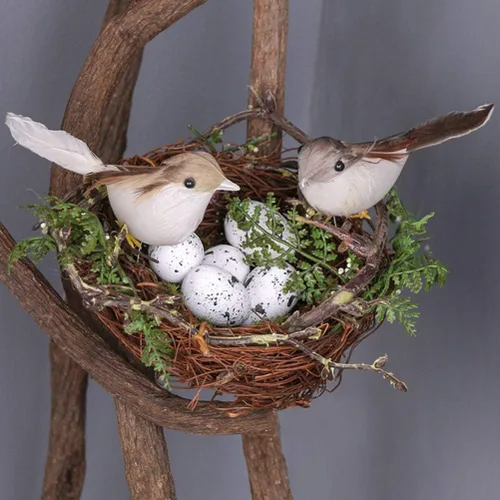 Miniatura 2 de Nido artificial para pájaros con huevos, pájaros, ramita de ratán natural, adorno para casa, accesorios para fotos para decoración