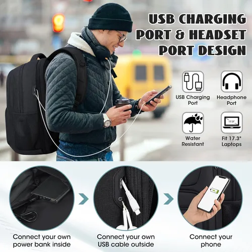 Miniatura 3 de Mochila de viaje para laptop de 17 pulgadas, extra grande, con orificio de carga USB, 45L, antirrobo, resistente al agua, bolsa para computadora
