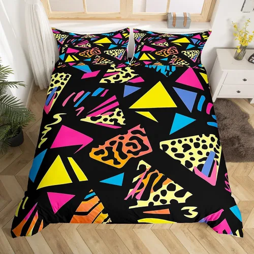 Miniatura 17 de Juego de funda de edredón retro de los años 80 y 90 para hombres y niños, tamaño matrimonial, con formas geométricas redondas triangulares, funda