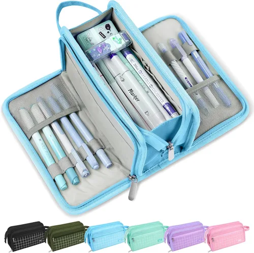 Miniatura 8 de Sooez Estuche grande para lápices, bolsa para lápices de gran capacidad con 3 compartimentos, organizador portátil de artículos de papelería de lona