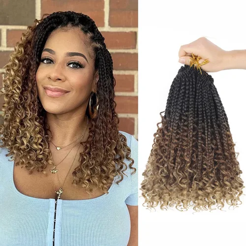 Miniatura 81 de Goddess Box Braids - Trenzas de cabello a ganchillo con extremos rizados, trenzas de caja bohemianas de 16 pulgadas, trenzas de ganchillo, 8 1B-4-30