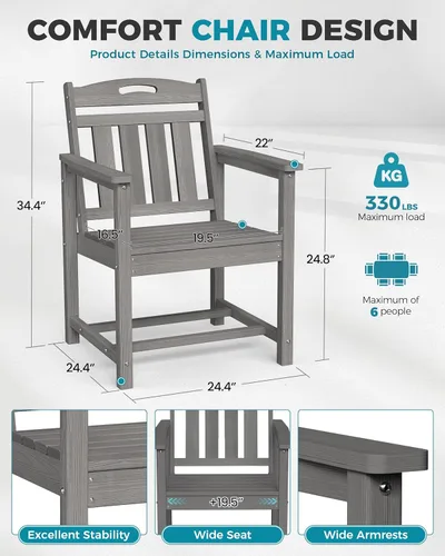 Miniatura 5 de Ciokea Silla de comedor para patio al aire libre, sillas de porche de gran tamaño de HDPE con asiento ancho, muebles de exterior duraderos para todo