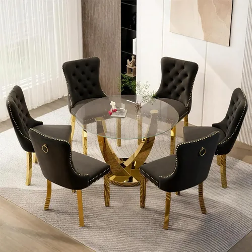 Miniatura 12 de Juego de mesa de comedor redonda de vidrio de 38.9 pulgadas para 4, mesa de cocina redonda dorada con 4 sillas decorativas de terciopelo tapizadas