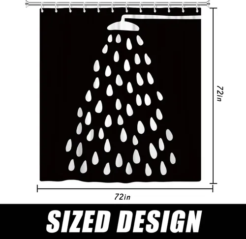 Miniatura 8 de Cortina de ducha en blanco y negro, divertido cabezal de ducha y gotas de agua, cortinas de ducha para baño, lavable a máquina, cortina de tela