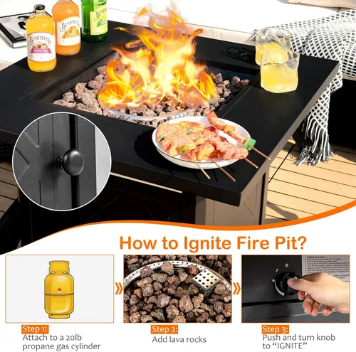 Miniatura 6 de COSTWAY Mesa para fogata de propano al aire libre de 28 pulgadas, mesa de gas para patio de 50,000 BTU, mesa cuadrada 2 en 1 con tapa y rocas