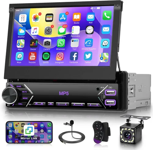 Estéreo de coche Single DIN Flip Out Bluetooth de 7 pulgadas con pantalla táctil retráctil Radio de coche 1 DIN Mirror Link/FM/EQ USB/Type-C/AUX
