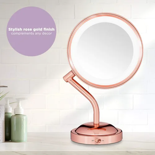 Miniatura 6 de Conair Espejo de maquillaje iluminado con aumento, espejo de tocador LED, espejo de aumento 1X/5X, espejo de doble cara, funciona con batería, oro
