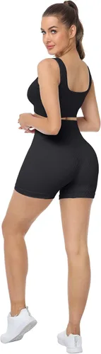 Miniatura 4 de LZYVOO Pantalones cortos de entrenamiento de 4 piezas para mujer, cintura alta, acanalados, sin costuras, pantalones cortos de ciclismo de elastano