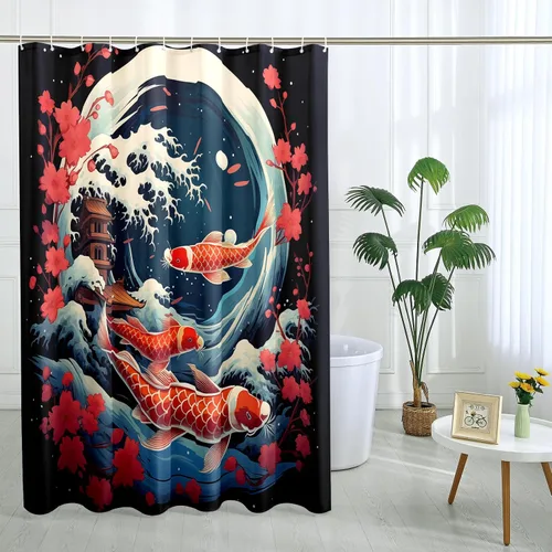 Miniatura 28 de Cortina de ducha japonesa Fuji Mountain de cerezo asiático, cortina de ducha con diseño de anime, decoración de baño, tela de poliéster, 62 x 72 Azul
