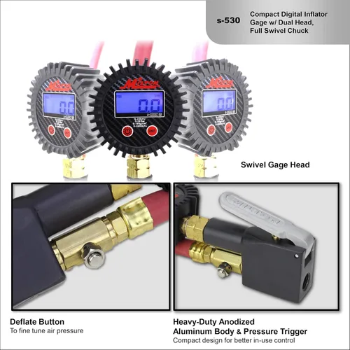Miniatura 6 de Milton S-530 Inflador de neumáticos digital compacto con manómetro, 255 PSI, mandril de aire de doble cabezal, manguera de 15 ", dial de 2.5