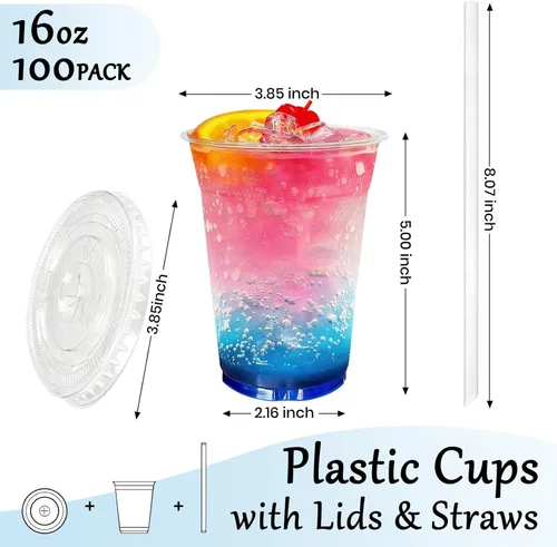 Miniatura 2 de 100 juegos de vasos de plástico transparente de 16 onzas con tapas y pajitas, BPA libre y a prueba de fugas, vasos desechables de plástico para café