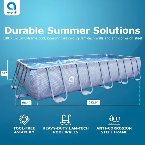 Miniatura 2 de jLeisure Avenli LamTech - Piscina rectangular sobre el suelo con marco de acero de 18 pies x 39.5 pulgadas, con soporte de pared con marco en U, Gris