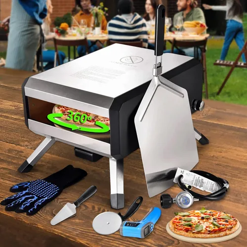 AOSION Horno de pizza al aire libre, horno de pizza giratorio multicombustible de 14 pulgadas, horno portátil de pizza de gas de pellets de acero