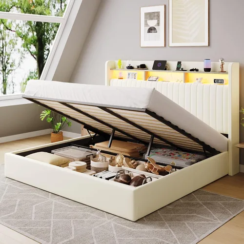 Miniatura 10 de SHA CERLIN - Estructura de cama de tamaño matrimonial con almacenamiento elevado/Luces LED/Estación de carga/Cabecero con estantes de 2 niveles/USB