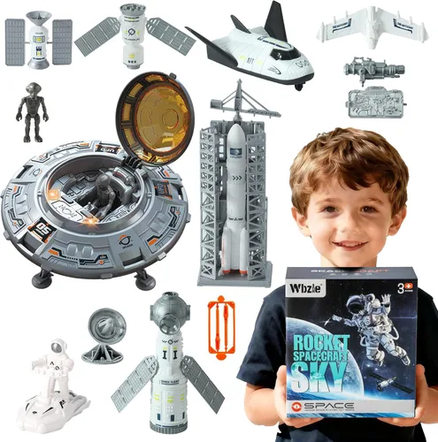 Wbzle Juego de juguetes espaciales, juguete de barco cohete con OVNI, avión, lanzacohetes, satélites, astronauta alien juguete con luz y sonido,