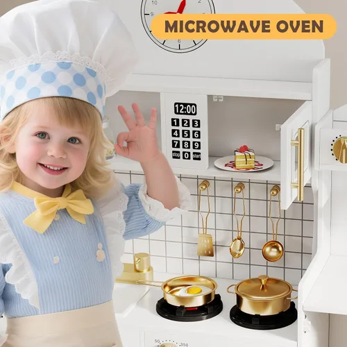 Miniatura 8 de JOYLDIAS Cocina moderna de madera, juego de cocina de juguete para niños pequeños con lavadora, refrigerador, microondas, horno, cafetera, luces