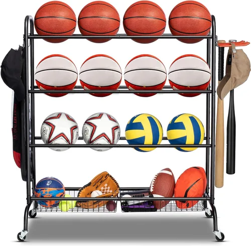 Miniatura 8 de EXTCCT Estante de baloncesto, soporte de entrenamiento de tiro de baloncesto, almacenamiento de equipo deportivo con ruedas, soporte organizador