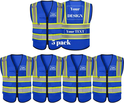 Miniatura 23 de Chaleco de seguridad de malla personalizado con LOGOTIPO Chaleco reflectante de alta visibilidad con 5 bolsillos y cremallera Azul personalizado