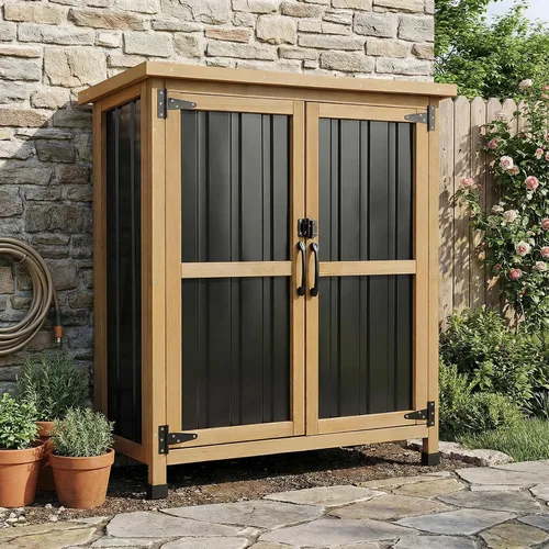 Miniatura 10 de Gabinete de almacenamiento al aire libre impermeable con estantes, pequeño cobertizo de almacenamiento, gabinete de almacenamiento vertical alto