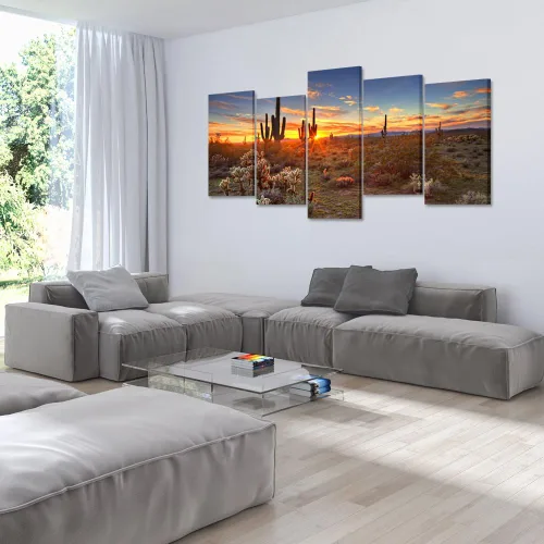 Miniatura 4 de KREATIVE ARTS - Pinturas de paisajes naturales, arte de pared, puesta de sol con saguaros en el desierto de Sonora, 5 piezas impresas en lienzo