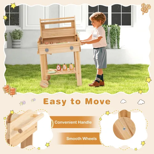 Miniatura 5 de HONEY JOY Cocina de barro, juego de parrilla de madera de abeto para niños al aire libre, juego de comida y herramientas de parrilla, bandeja