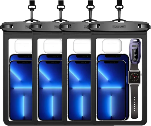 Miniatura 14 de Paquete de 4 fundas impermeables grandes para teléfono de 10.5" - Soporte transparente para celular bajo el agua - Bolsa seca universal a prueba