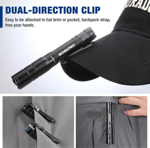 Miniatura 5 de WORKPRO Luz recargable para bolígrafo, mini linterna, paquete de 2 linternas EDC ultracompactas, linterna de bolsillo con clip, función de memoria