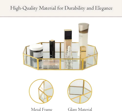 Miniatura 3 de Juego de 2 bandejas doradas, bandeja de baño con marco de metal, bandeja decorativa de perfume para tocador, baño, joyería o decoración del hogar