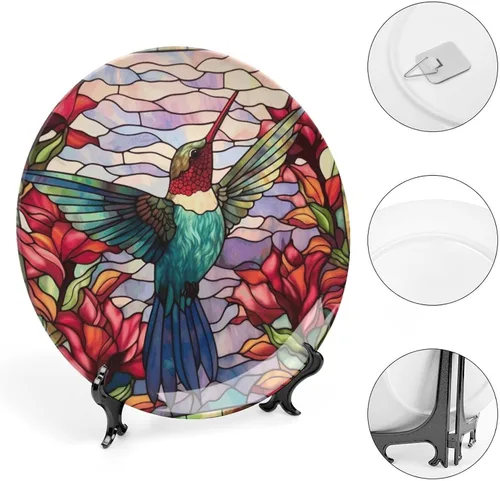 Miniatura 4 de Platos decorativos para colgar en la pared, placa de cerámica con estampado de pájaros de acuarela con soporte de exhibición, decoración del hogar