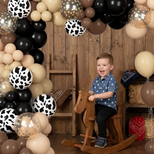 Miniatura 7 de Kit de Arco de Guirnalda de Globos de Vaquero Occidental de 170 Piezas, Globos de Confeti Negro y Marrón con Estampado de Vaca para Granja