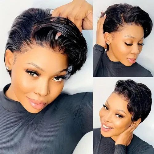 Miniatura 2 de Peluca de cabello humano corto con encaje frontal para mujeres negras, peluca de corte Pixie, peluca de encaje previamente despuntada en T