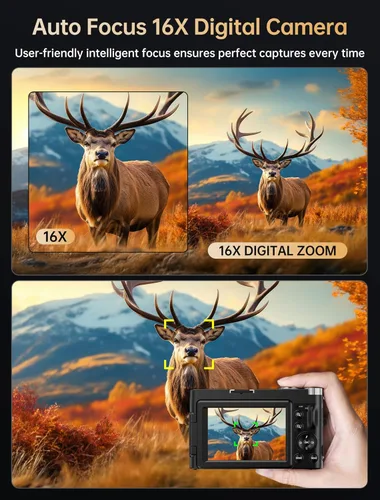 Miniatura 12 de Cámara digital 4K para fotografía, cámara de vlogging WiFi de 64MP con enfoque automático para YouTube con pantalla giratoria de 3'' 180°, cámara