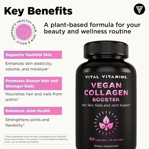 Miniatura 3 de Vital Vitamins Suplemento de Colágeno Vegano - con Sílice y Ácido Hialurónico - Suplementos de Colágeno a Base de Plantas - Apoya el Cabello