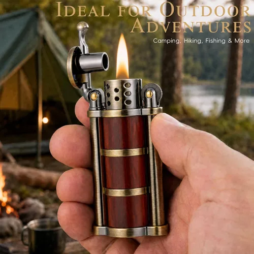Miniatura 7 de Encendedor de queroseno vintage con rueda de pedernal con funda de palisandro, latón antiguo a prueba de viento, encendedor de gasolina fresca bronce