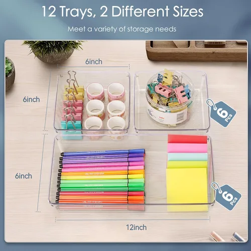 Miniatura 3 de Juego de 12 organizadores grandes de plástico transparente para cajones, organizador de baño acrílico, bandejas divisoras, organizadores de cocina