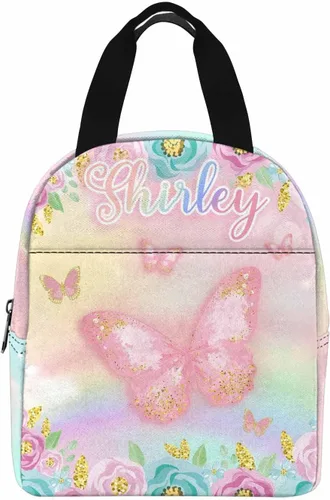 Miniatura 9 de InterestPrint Bolsa de almuerzo con nombre personalizado para hombres y mujeres, diseño de mariposa rosa y azul personalizada, caja de almuerzo